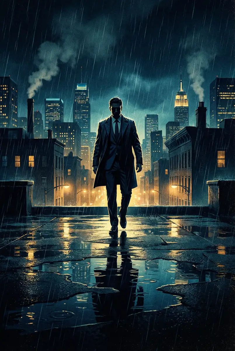 日本ZLJZLJZLJZLJ喷APP 出品影片《雨夜独行者》海报，雨中城市屋顶男性剪影